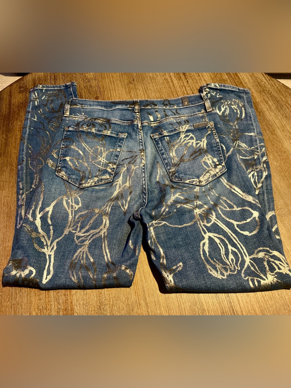 7 For All Mankind Blue Skinny Jeans with Metallic Floral Print - Picture 3 of 7